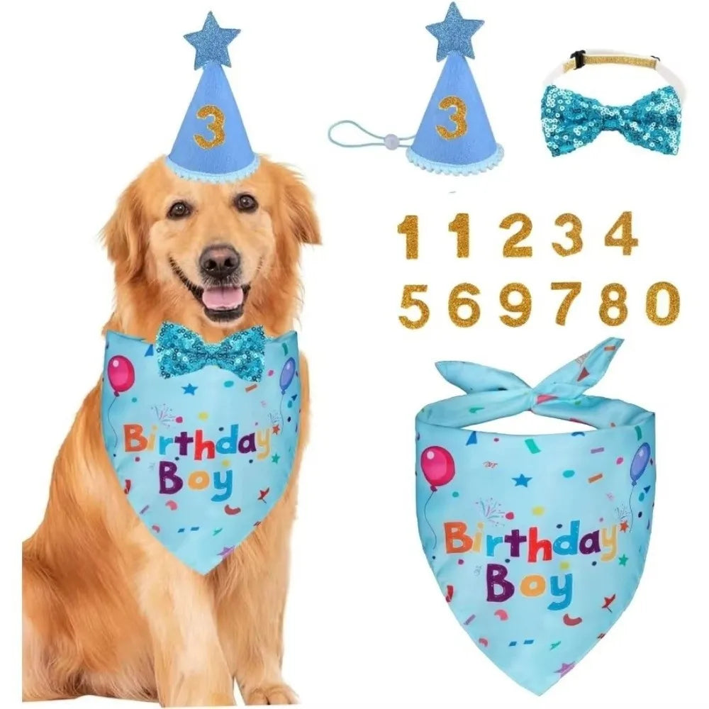 A set of pet birthday hats and bowties with sequins, featuring a blue and gold color scheme.