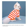 A white dog wearing an orange and white striped cotton flannel sweater with a small embroidered face.