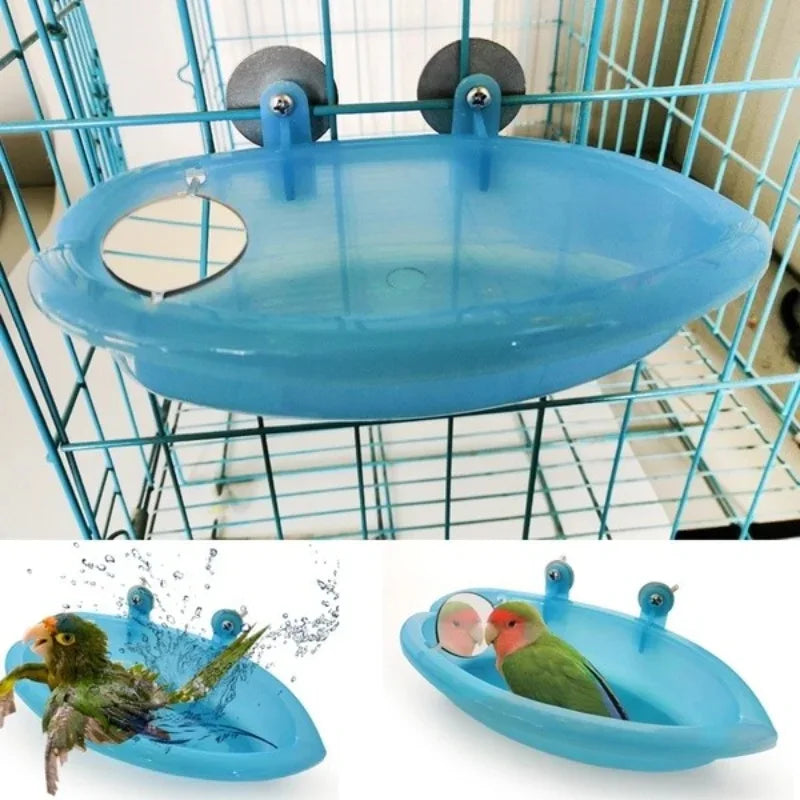 A blue cage-mounted bird bath with a mirror, shown both attached to a wire cage and standalone.