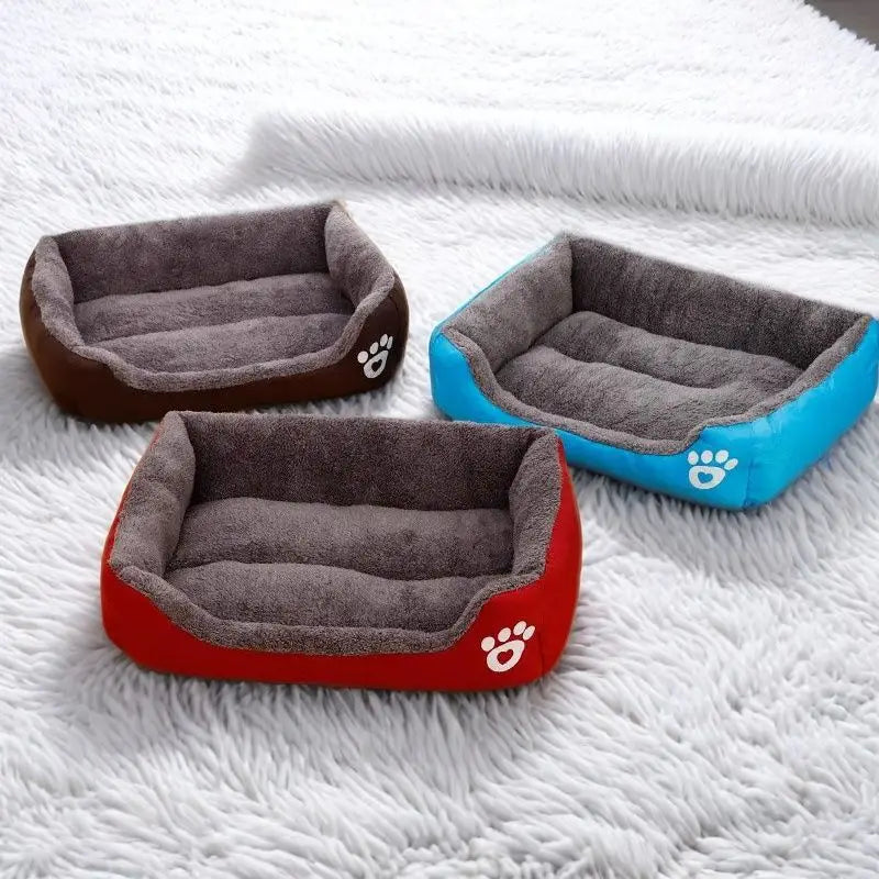Three plush dog beds in brown, blue, and red are displayed on a white fluffy surface.