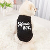 A fluffy white dog wearing a black pet vest with the text Mama's Boy on it, lying on a white fur rug.