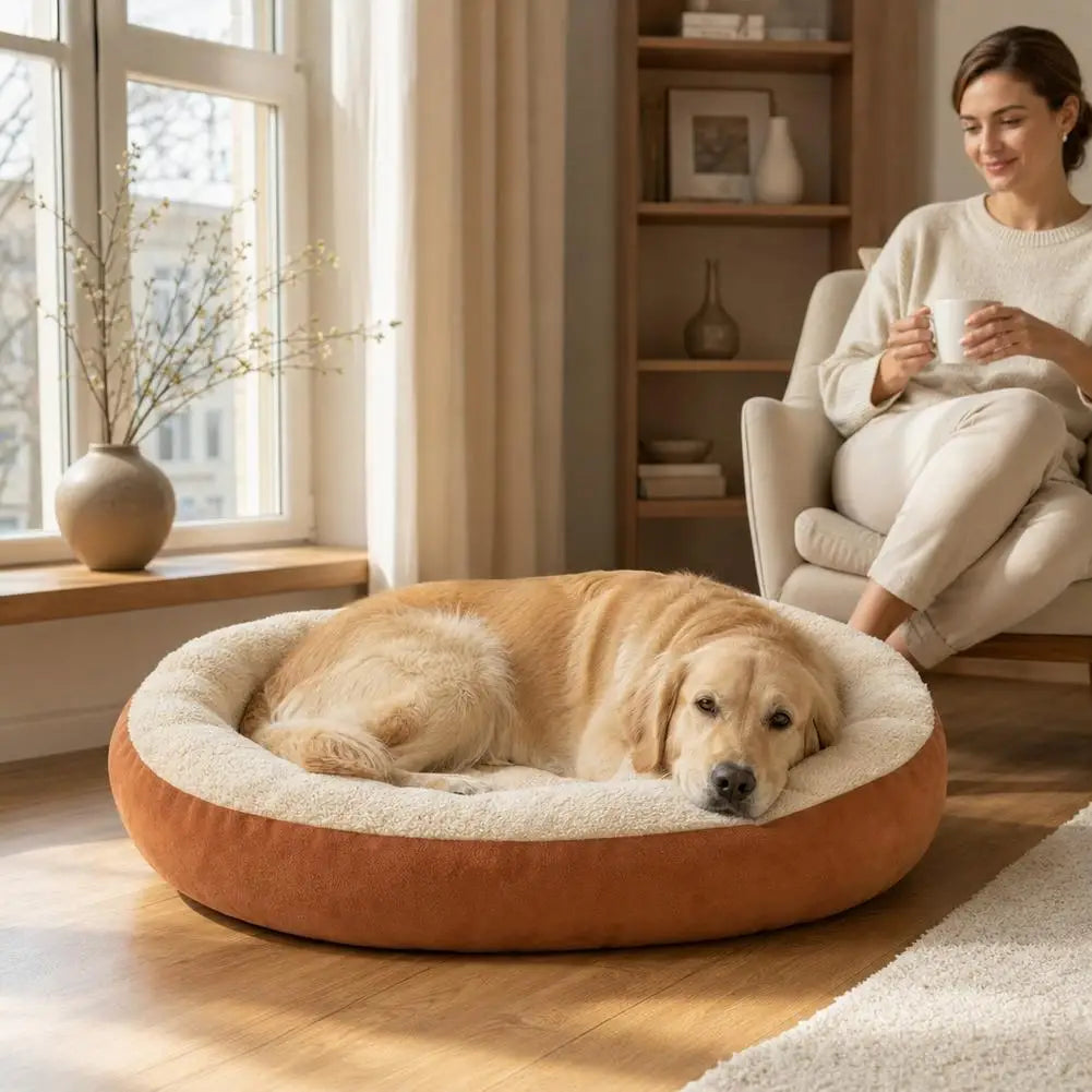 A golden retriever lies comfortably on a plush oval pet bed in a bright living room setting.