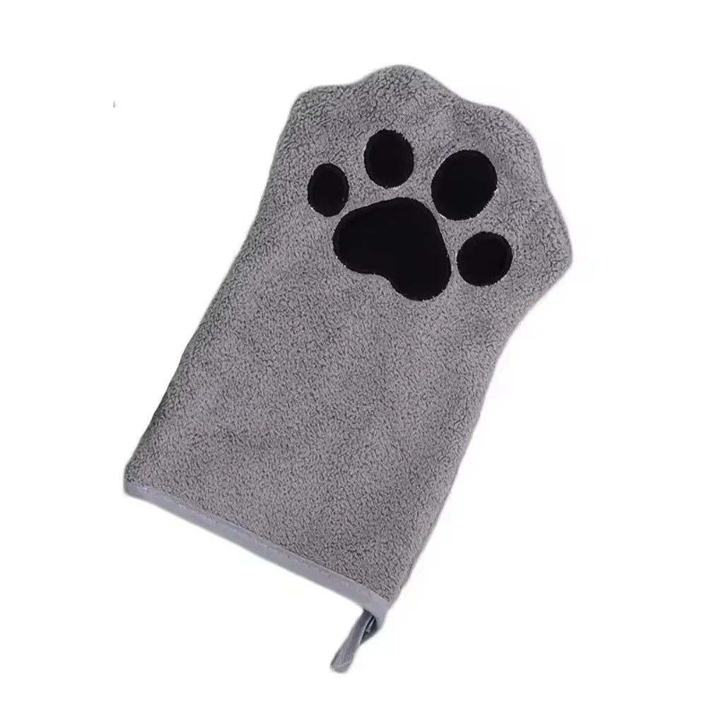 A gray quick-dry pet bathing towel glove shaped like a paw print.