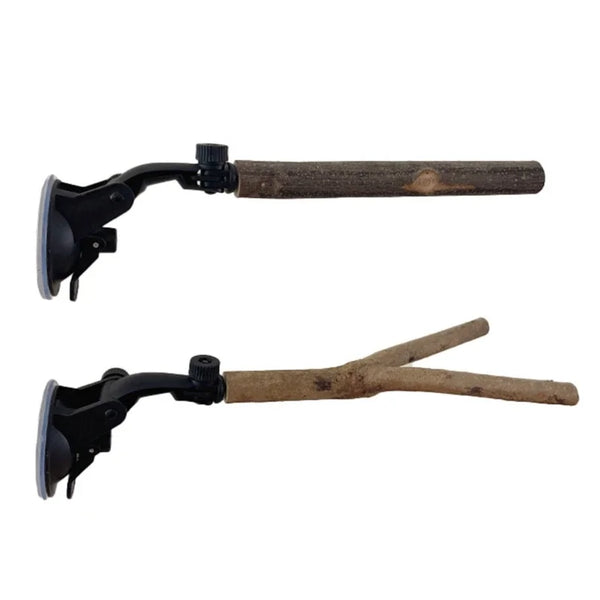 A wooden bird perch with a black mount and suction cup feature.