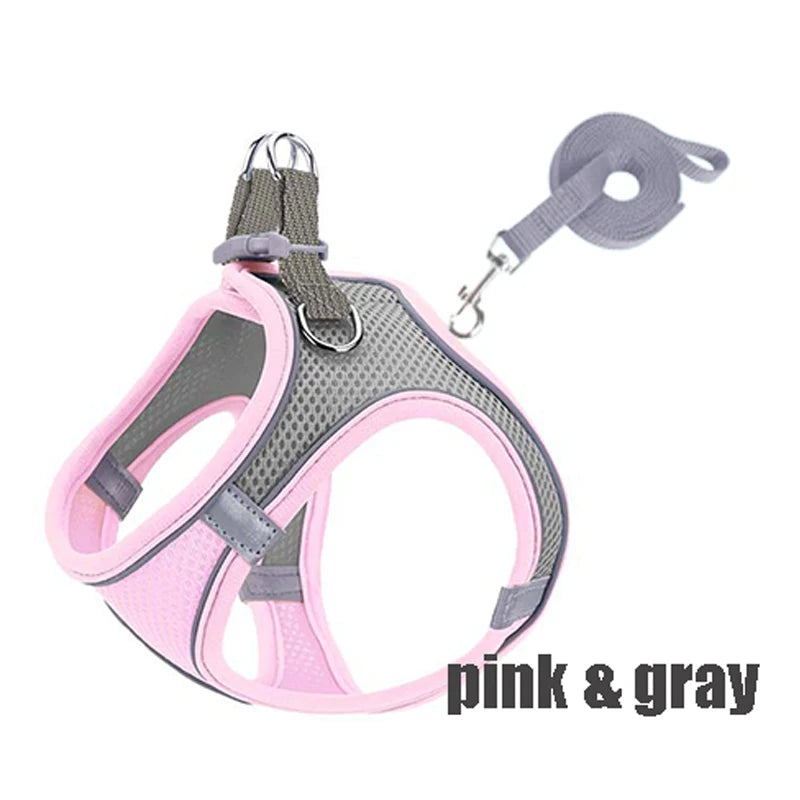 Pink and gray reflective no-pull dog harness with matching leash