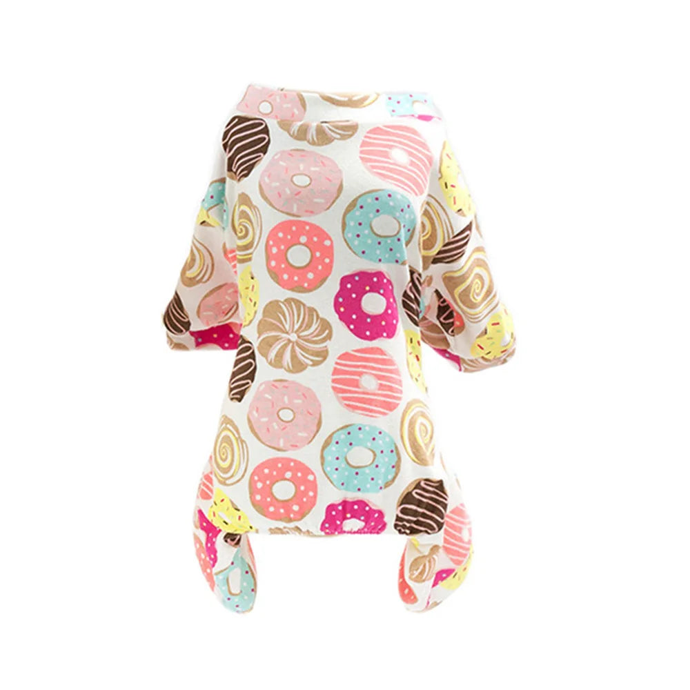 A colorful cotton pet pajama top featuring various donut patterns for dogs and cats.