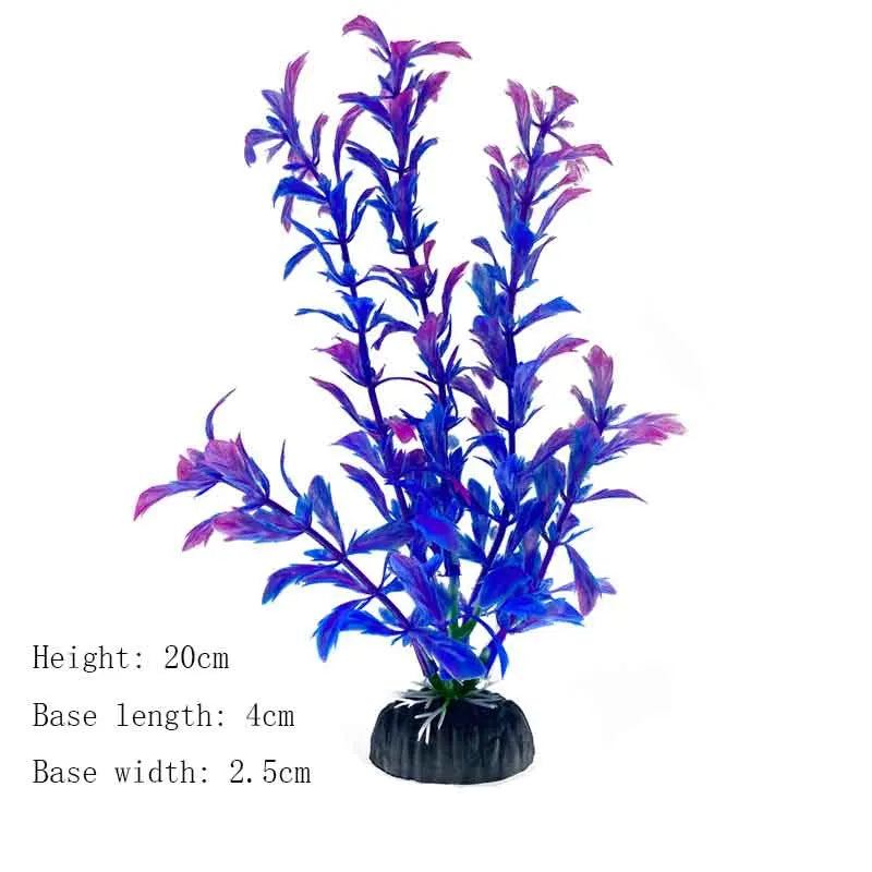 A realistic artificial aquarium plant with tall, vibrant blue and purple foliage.