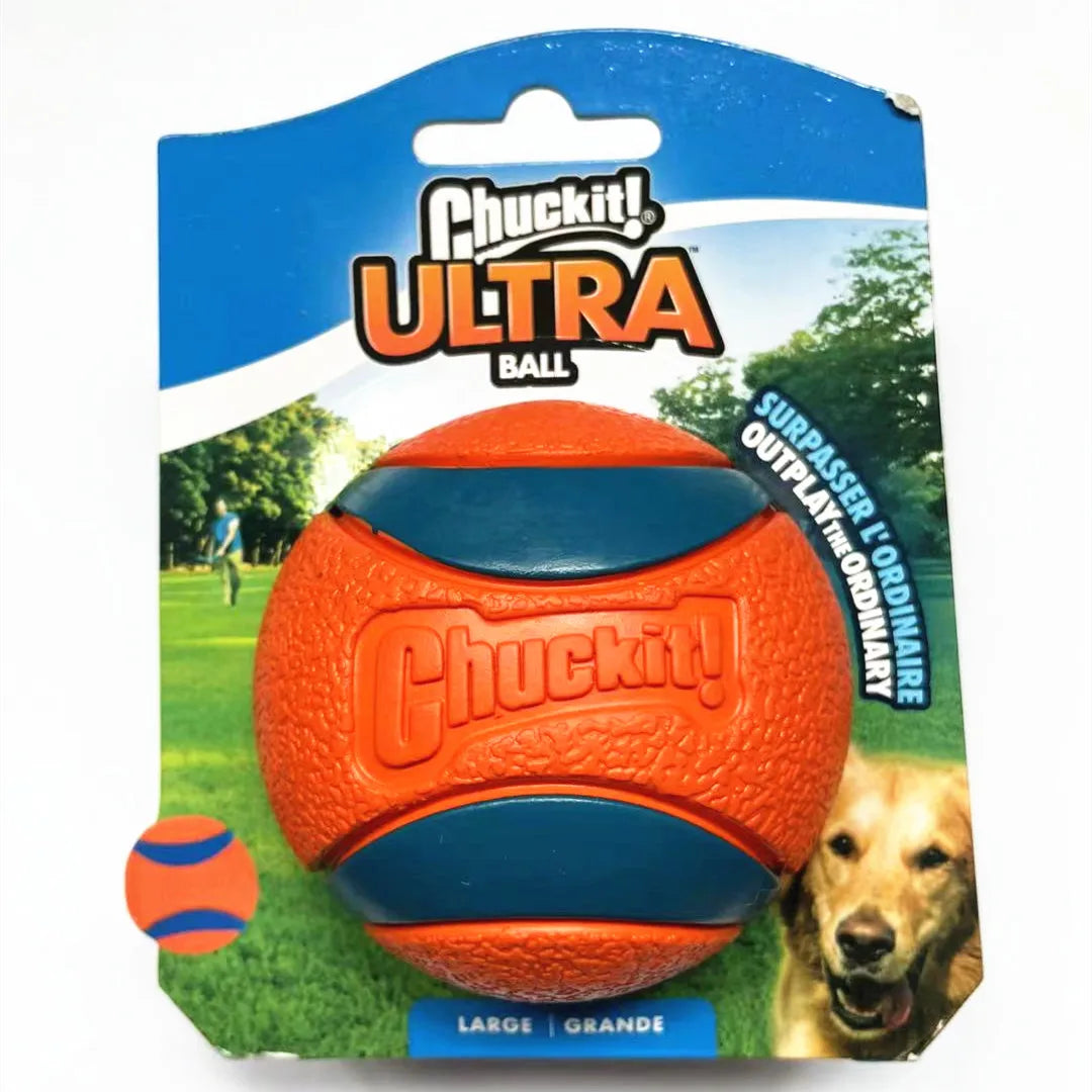 Orange Chuckit Ultra Ball for dogs shown in a packaging graphic.