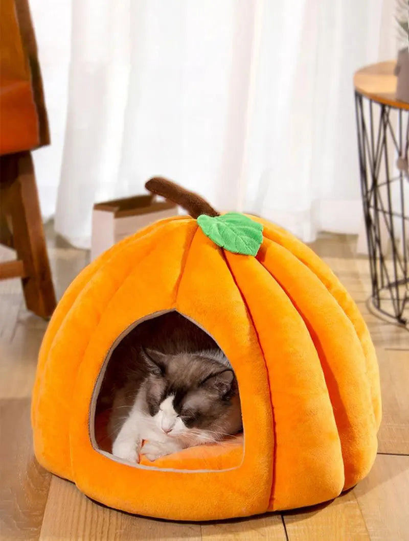 3D Pumpkin Pet House - Semi-Enclosed Bed with Removable Cushion