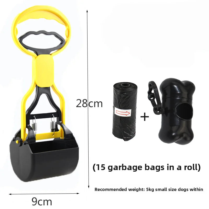 Yellow heavy duty pet poop scooper with a long handle and a black container.