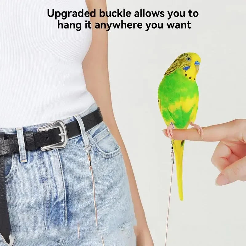 A hand holds a yellow and green parrot attached to a leash and foot ring, demonstrating the upgraded buckle feature.