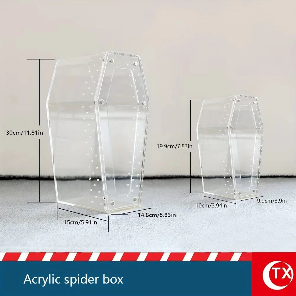 Clear acrylic spider box enclosure shown with dimensions and a red and white striped background.