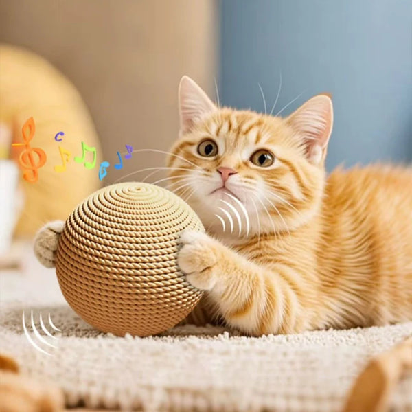 An orange kitten plays with a natural sisal scratching ball on a light-colored surface.