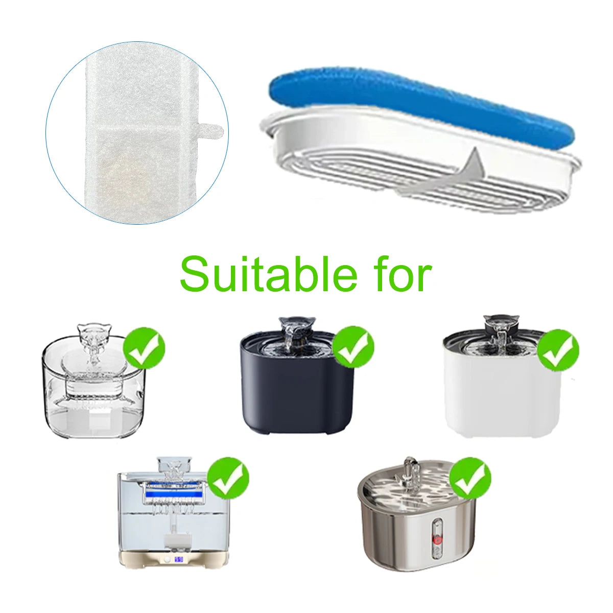 Set of activated charcoal replacement filters and various compatible water fountain components