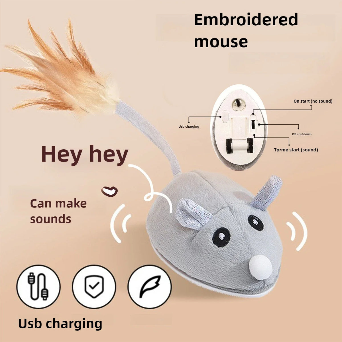 A gray embroidered mouse toy with a feather, showing USB charging port and sound features.