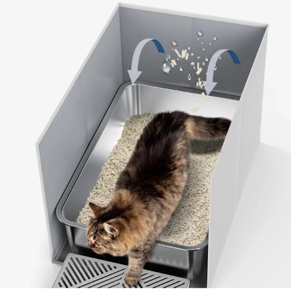 A gray foldable cat litter box enclosure with a splash guard, showing a tabby cat entering the litter area.