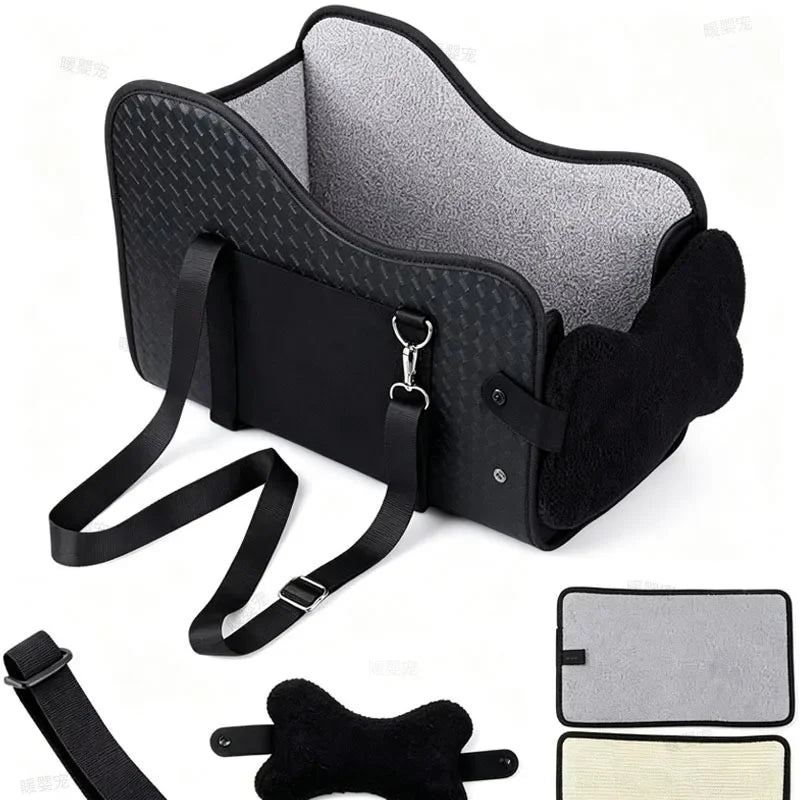Black cozy center console car seat for small dogs with attached harness and padding