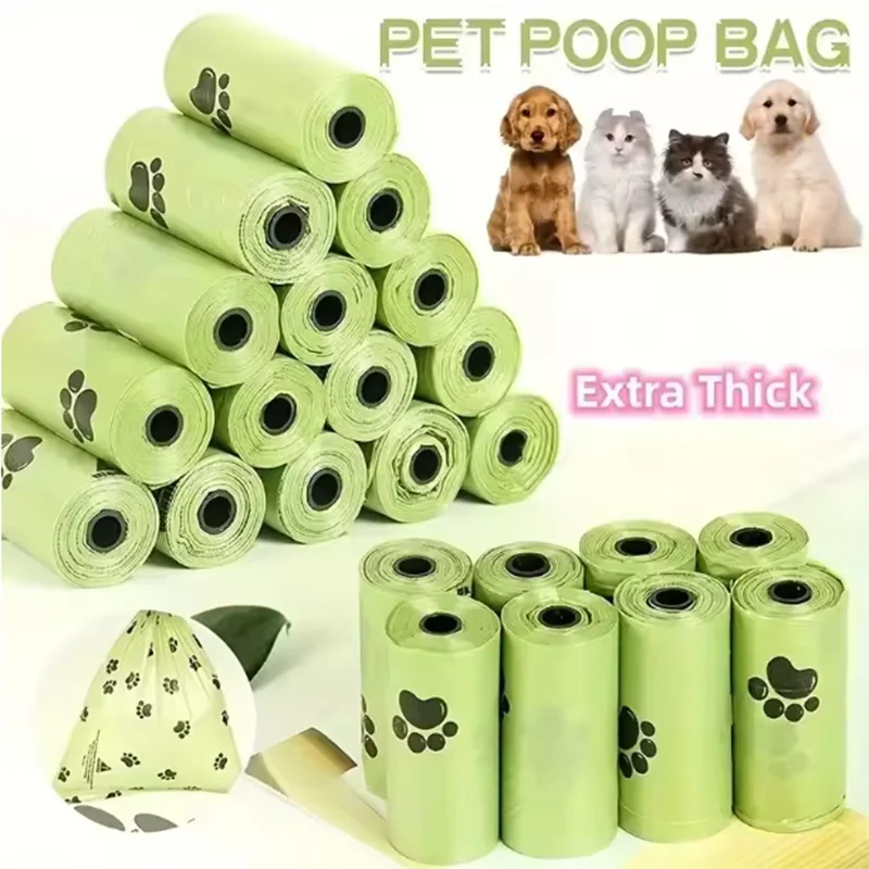 A stack of green pet poop bags and several individual rolls are shown with various dog breeds in the background.