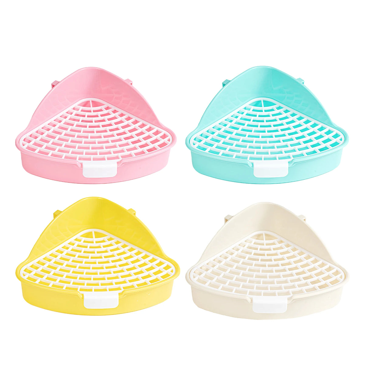 Four colored plastic litter boxes in pink, teal, yellow, and beige for small pets
