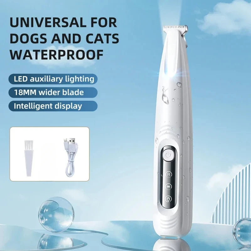 A white portable dog grooming trimmer with an intelligent display and LED lighting is shown against a light blue background.