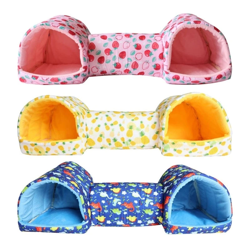 A cozy fleece tunnel bed for small pets in various colors including pink, yellow, and blue.