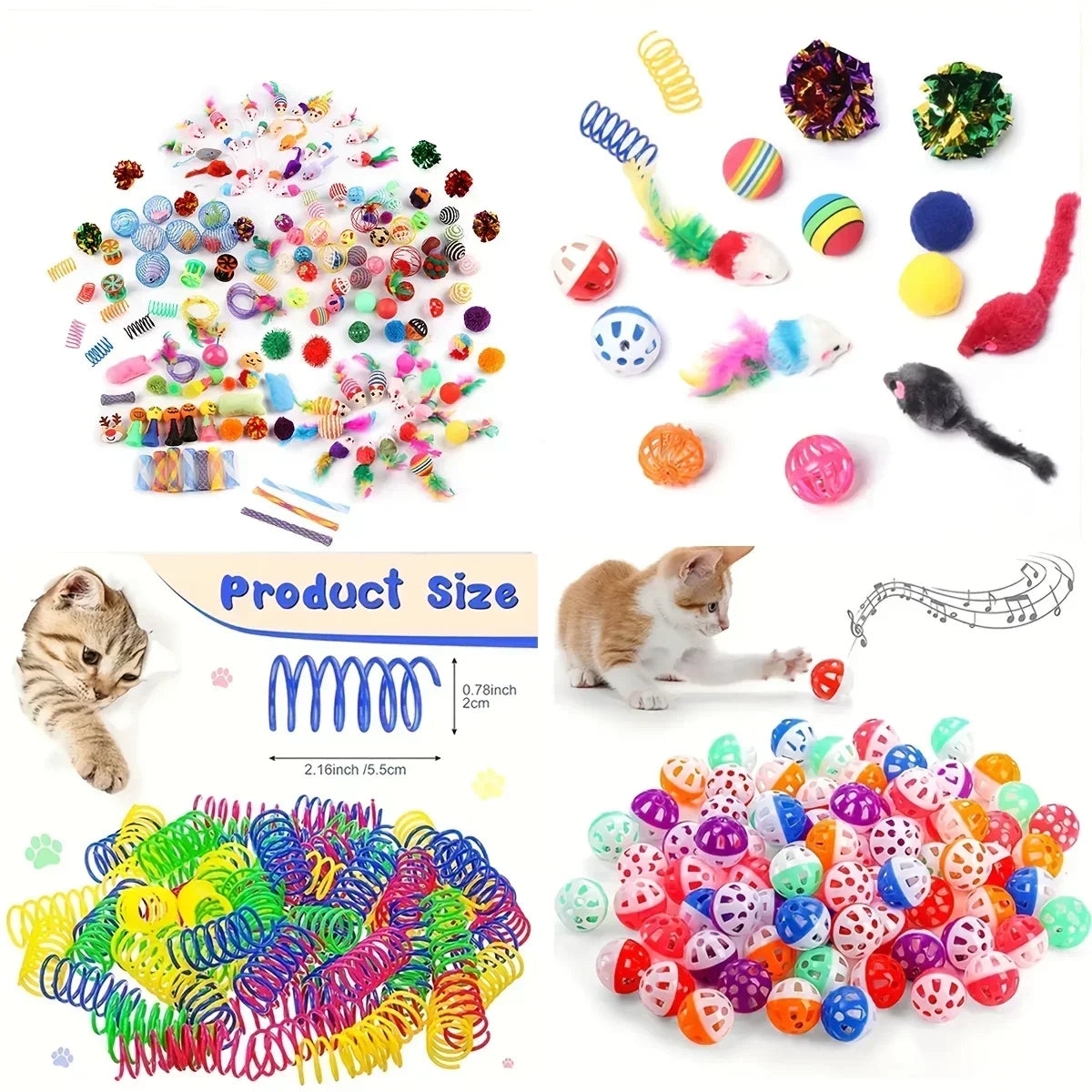 Assorted colorful cat toys including mice, balls, and string toys for feline fun