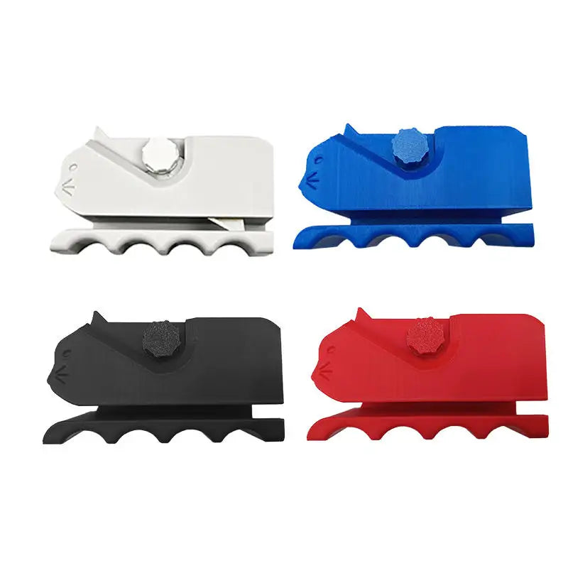 Three handheld cardboard strip cutters in white, blue, and red for DIY projects