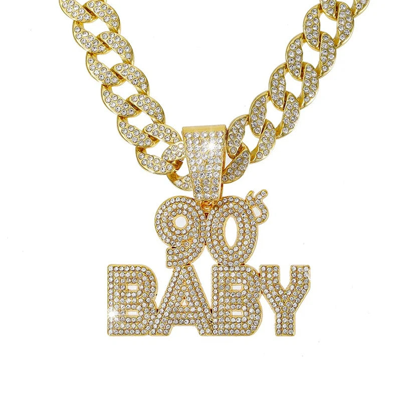 Gold iced out letter and animal pendant Cuban link chain necklace