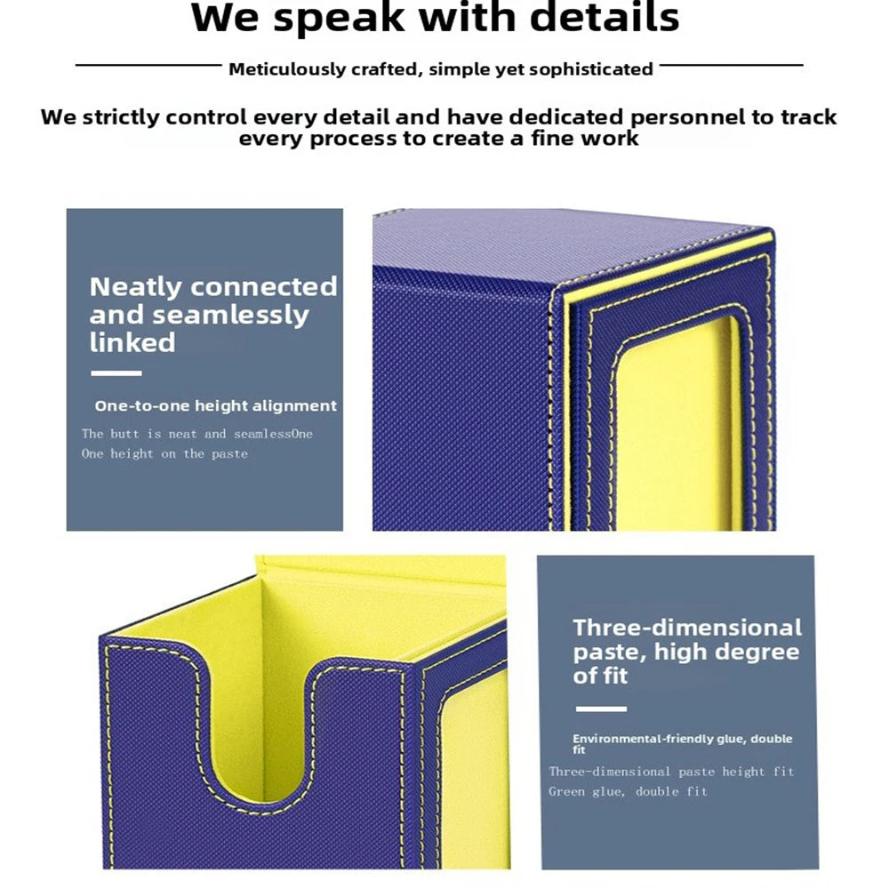 A yellow PU leather magnetic card deck box with a display window showing the fit of three-dimensional paste.