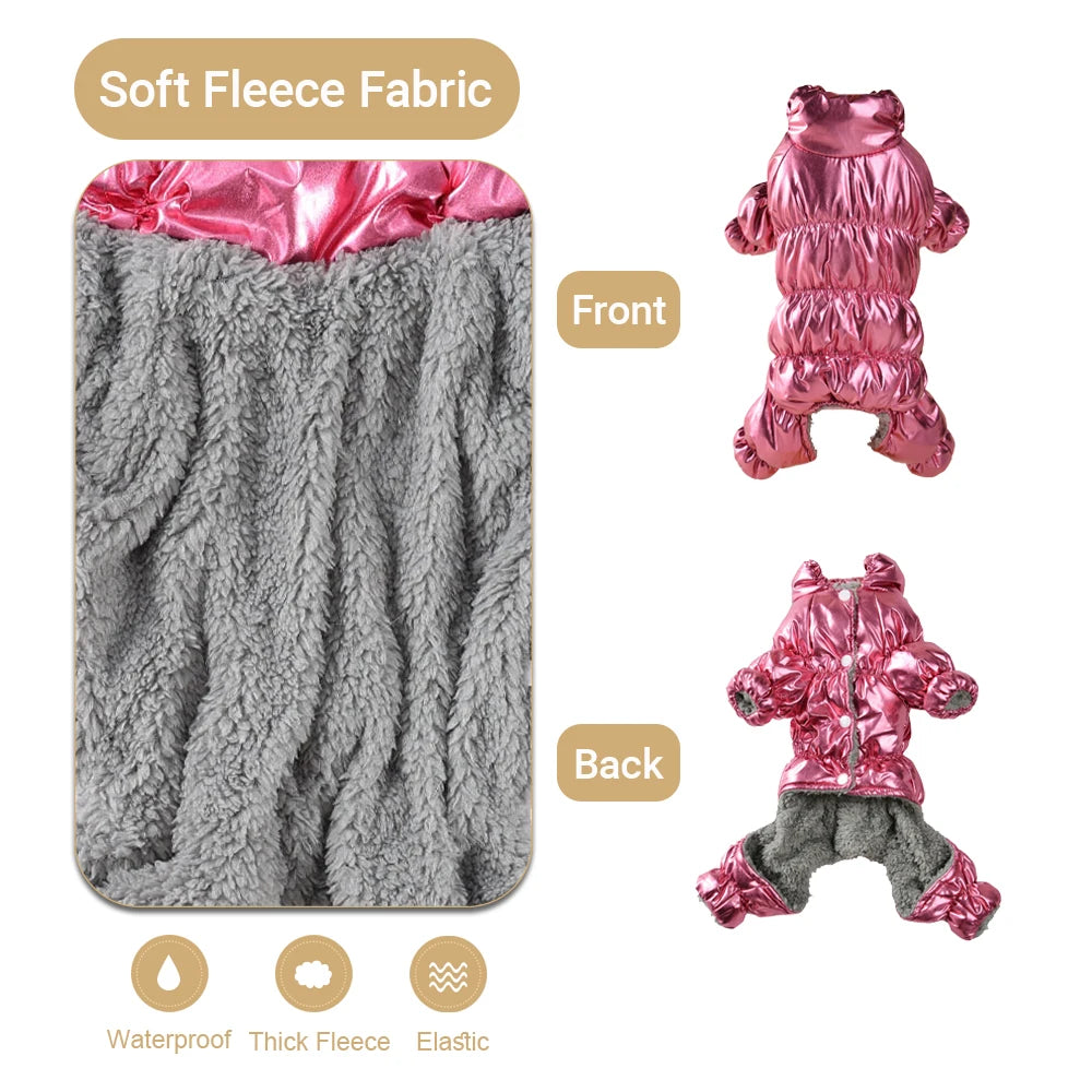 A pink waterproof fleece dog jumpsuit shown from the front and back, highlighting its soft fabric and elastic features.
