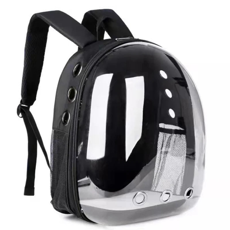 A black portable transparent pet backpack for dogs and cats.
