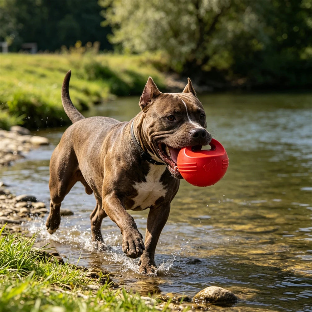 A brown dog is running through shallow water while carrying a red hexagonal TPR chew toy.