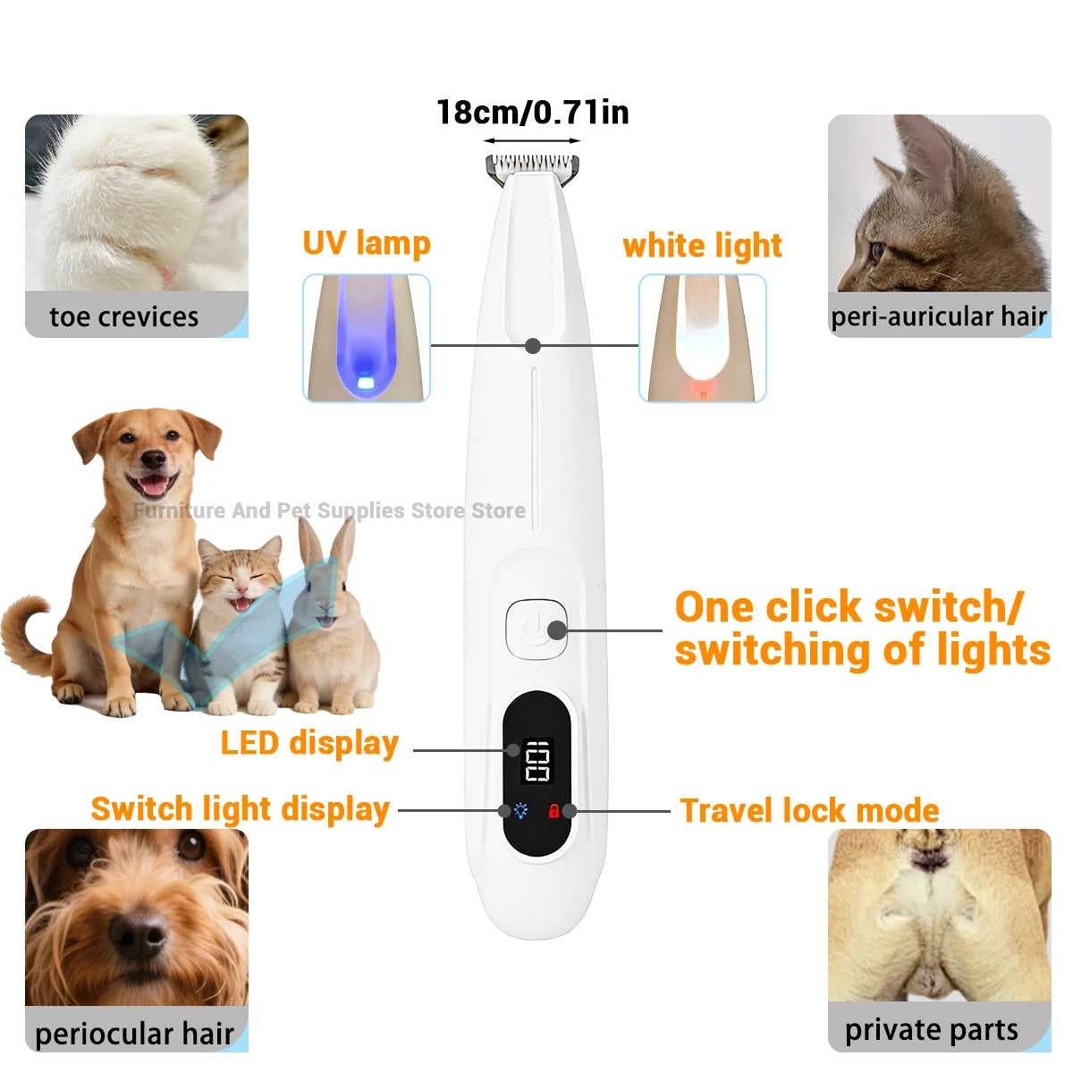Weißer Haartrimmer mit UV-Lampe, weißem Licht, LED-Anzeige und Lichtschalter.