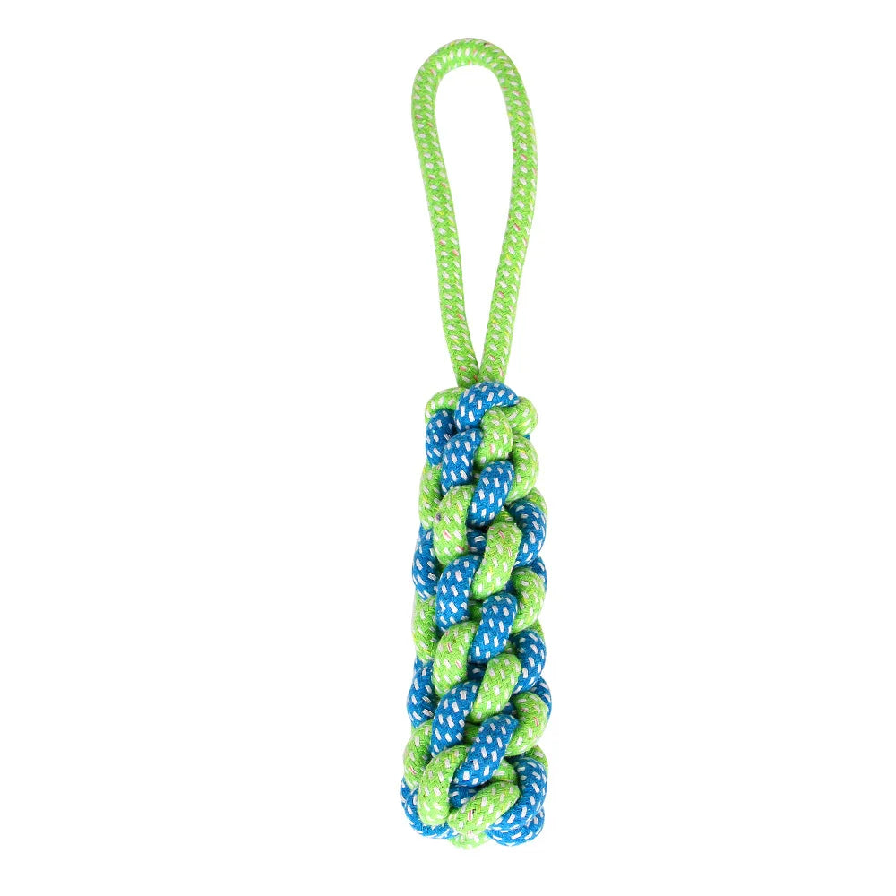 Green and blue braided cotton rope dog toy with a loop for interactive play