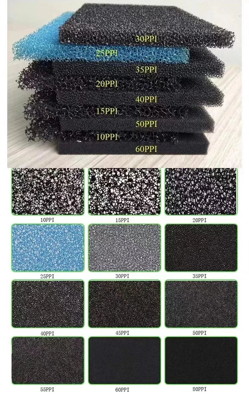 Sammlung von schwarz-blauen biochemischen Schwammfiltern für Aquariumbecken, gekennzeichnet nach Porengröße von 10PPI bis 60P
