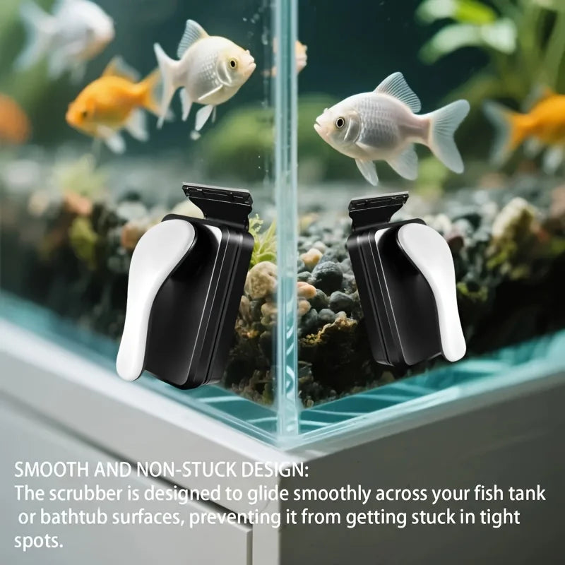 A black and white magnetic aquarium cleaning brush is shown floating above a fish tank filled with small fish.