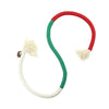 A loop of red and green cotton rope teaser toy for cats with fluffy ends