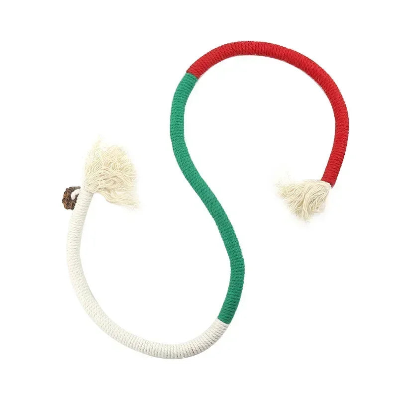 A loop of red and green cotton rope teaser toy for cats with fluffy ends
