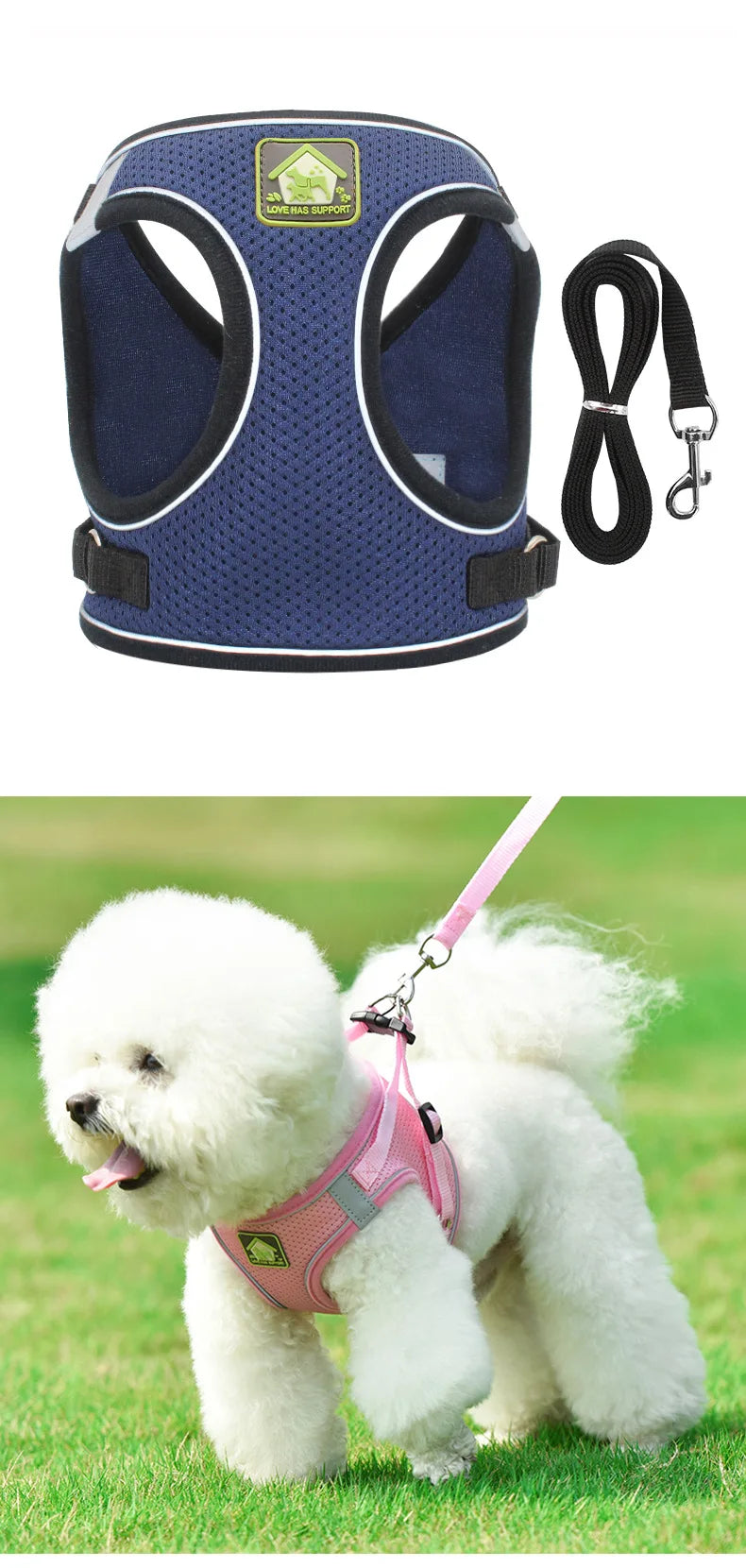 A pink breathable vest harness is worn by a fluffy white dog outdoors on green grass.
