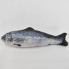A realistic, fish-shaped interactive cat plush toy with mottled gray and black coloring.