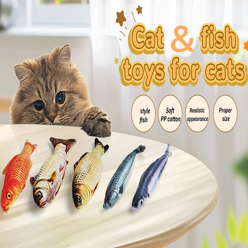 A collection of soft, realistic fish-shaped toys for cats displayed on a wooden surface.