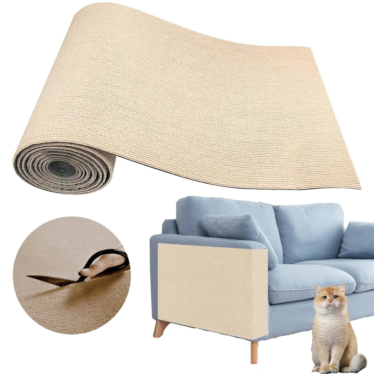 Un rollo de alfombra protector autoadhesiva para arañazos de gatos junto a un mueble.