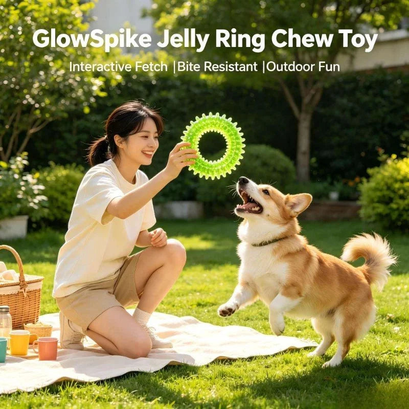 A happy woman is playing with a green GlowSpike Jelly Ring Chew Toy with a dog outdoors.
