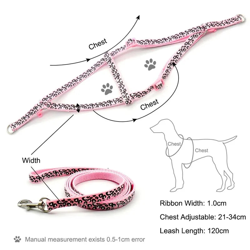 Pink and black patterned adjustable dog harness with a leash shown in various views.