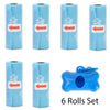 A set of six blue reusable pet poop bag dispensers with leash clips.