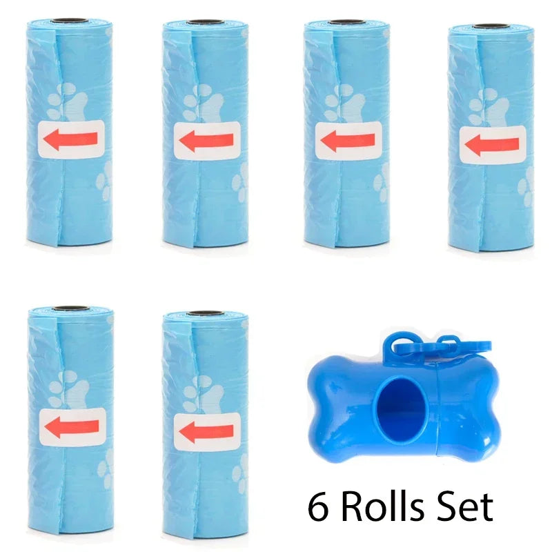 A set of six blue reusable pet poop bag dispensers with leash clips.