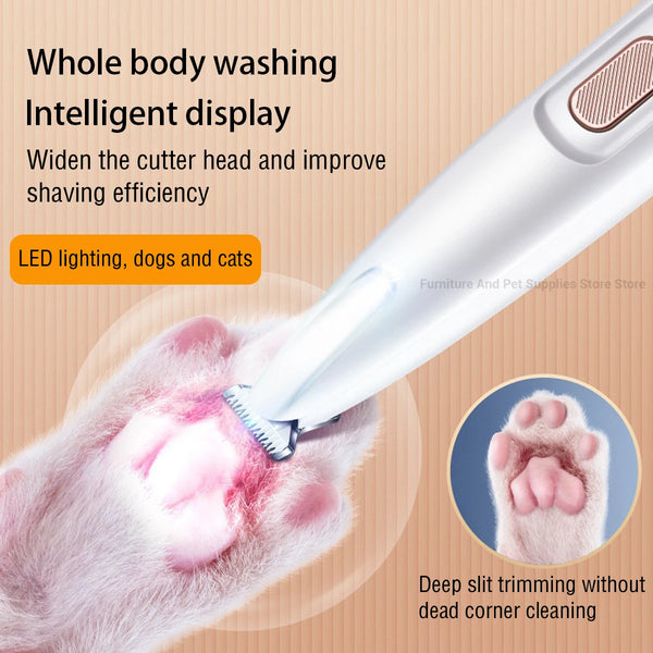 A white pet grooming trimmer is shown trimming a cat's paw, highlighting its intelligent display and deep slit trimming featu