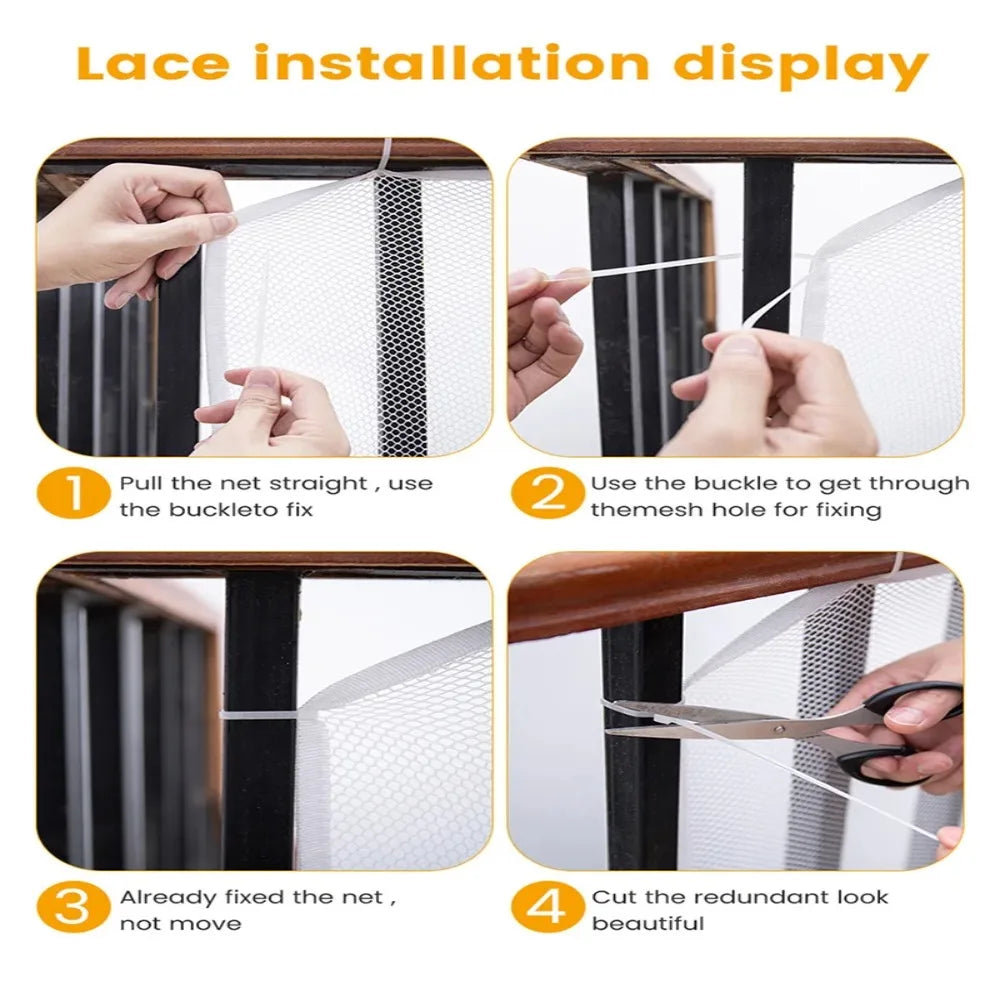 Installation display showing how to install a lace mesh safety net for stairs and railings