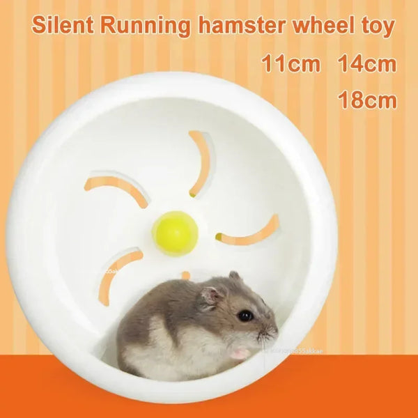 A white hamster wheel toy with various sized orange spinners and a small rodent inside.