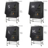 Three bird cage covers labeled S, M, and XL in black fabric with wire mesh detailing.